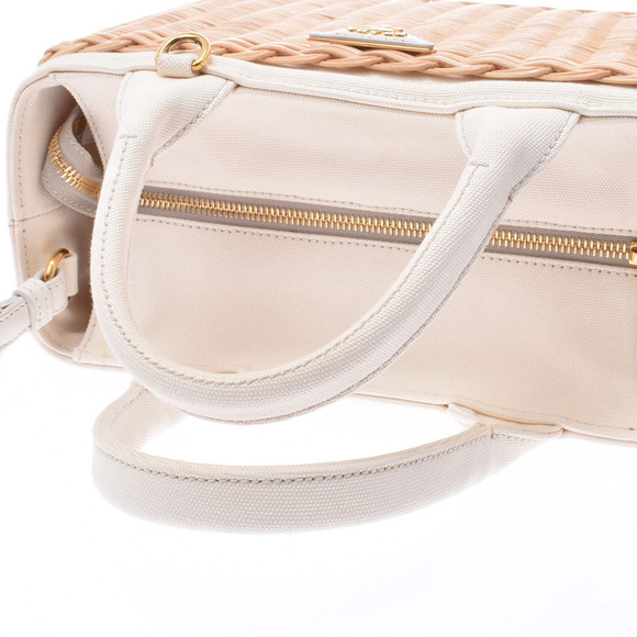 Prada Basket Brown Ivory White Wicker Canvas Bag - Picture 3 of 9